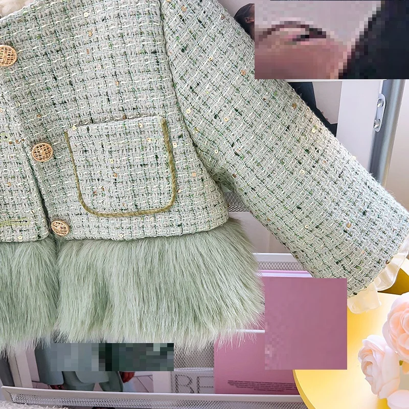 0371 2024 New Korean Girl Clothes Sets Kids Girl Princess Winter Clothing Set Children Fur Jacket Shorts Winter Suit