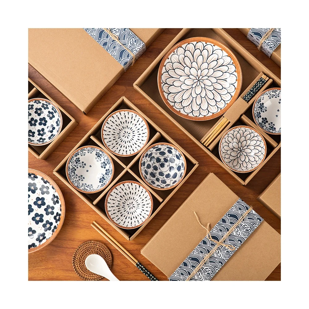 Ceramic tableware set  Japanese blue and white porcelain with gift box dinnerware set  customization business giveaway+