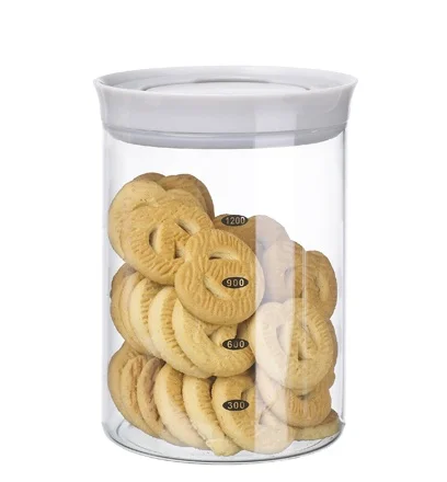 Popular round shape borosilicate glass storage jar food container with cover and tray base