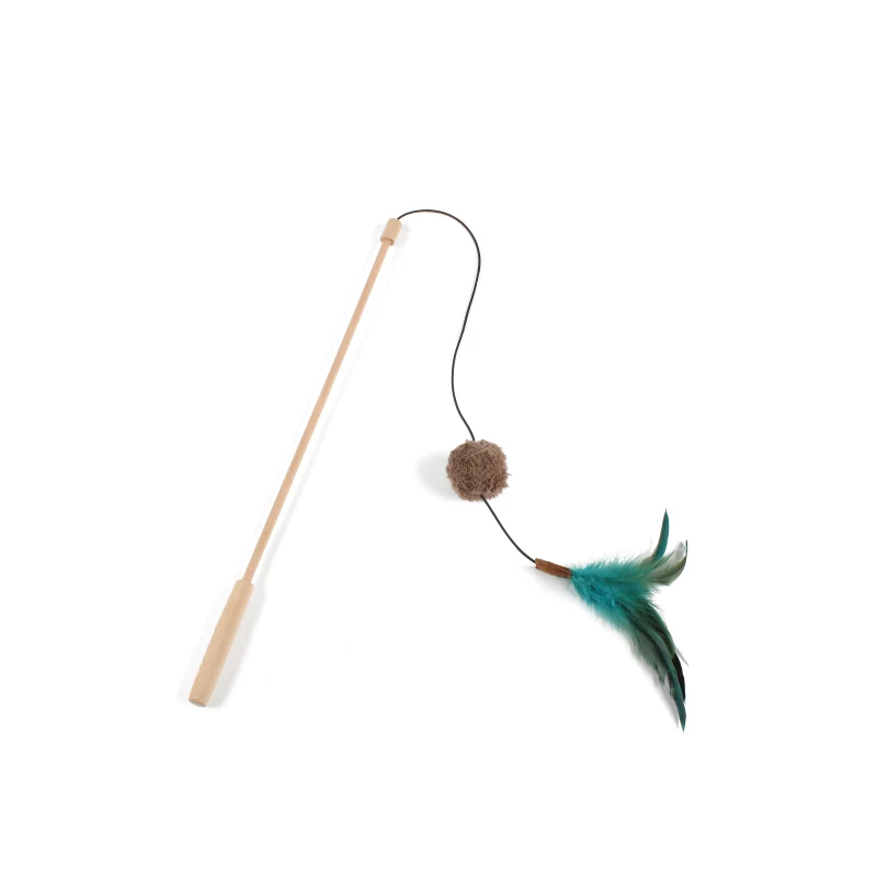 Interactive cat teaser stick toy natural wood ecofriendly funny feather pet cat toys cat teaser