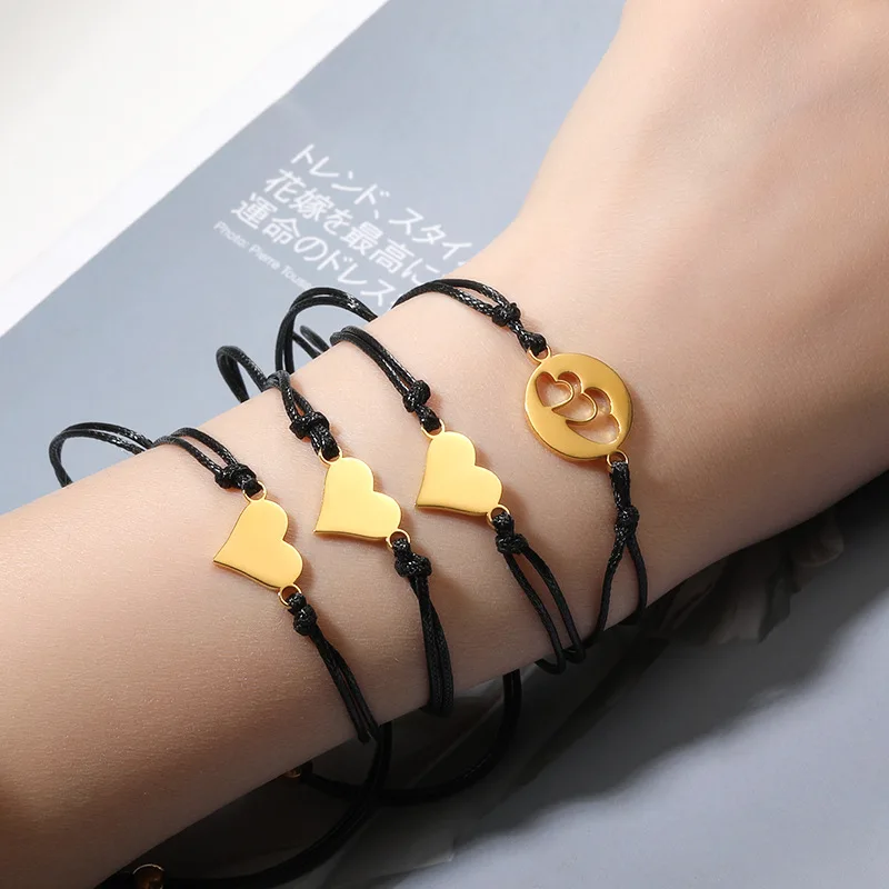 4Pcs/Set Four Hearts Star Moon Sun Woven Wax Rope Stainless Steel Mother Daughter Bracelets Wish Card Friendship Best Friends