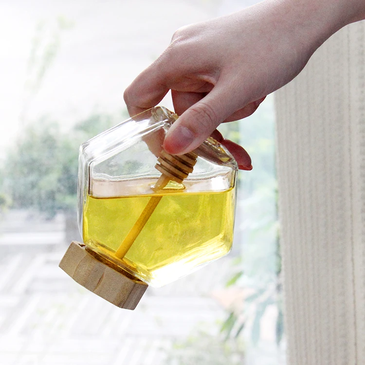 Customized Shape Deep Mouth Candies Glass Hexagon Jar With Bamboo Lids