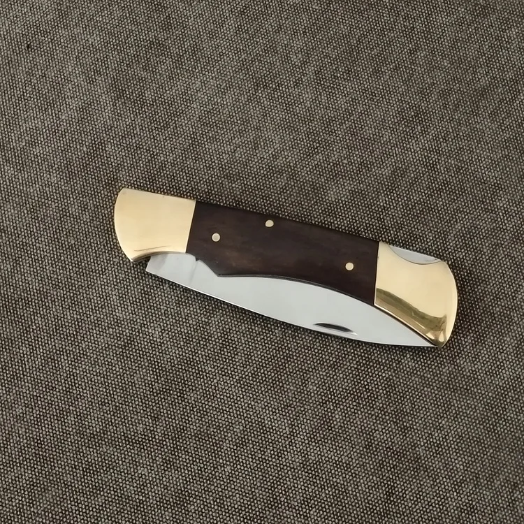 Classic Folding Hunter Knife with Brass Bolsters and Dark Wood Handle for Outdoor Hunting & Camping