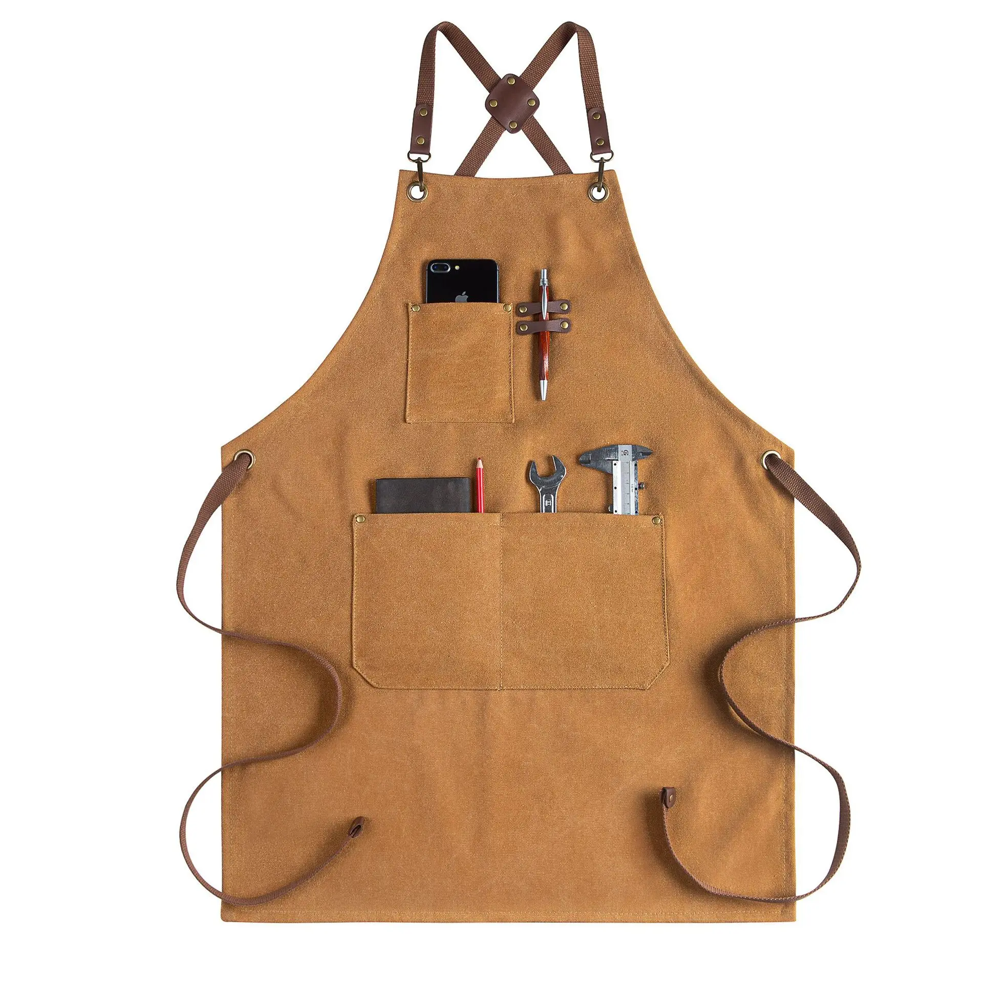 Custom Embroidery Camel Canvas Apron Multi-functional Pocket Hairdresser Woodworking Overalls Kitchen Repair Cleaning Tool Apron