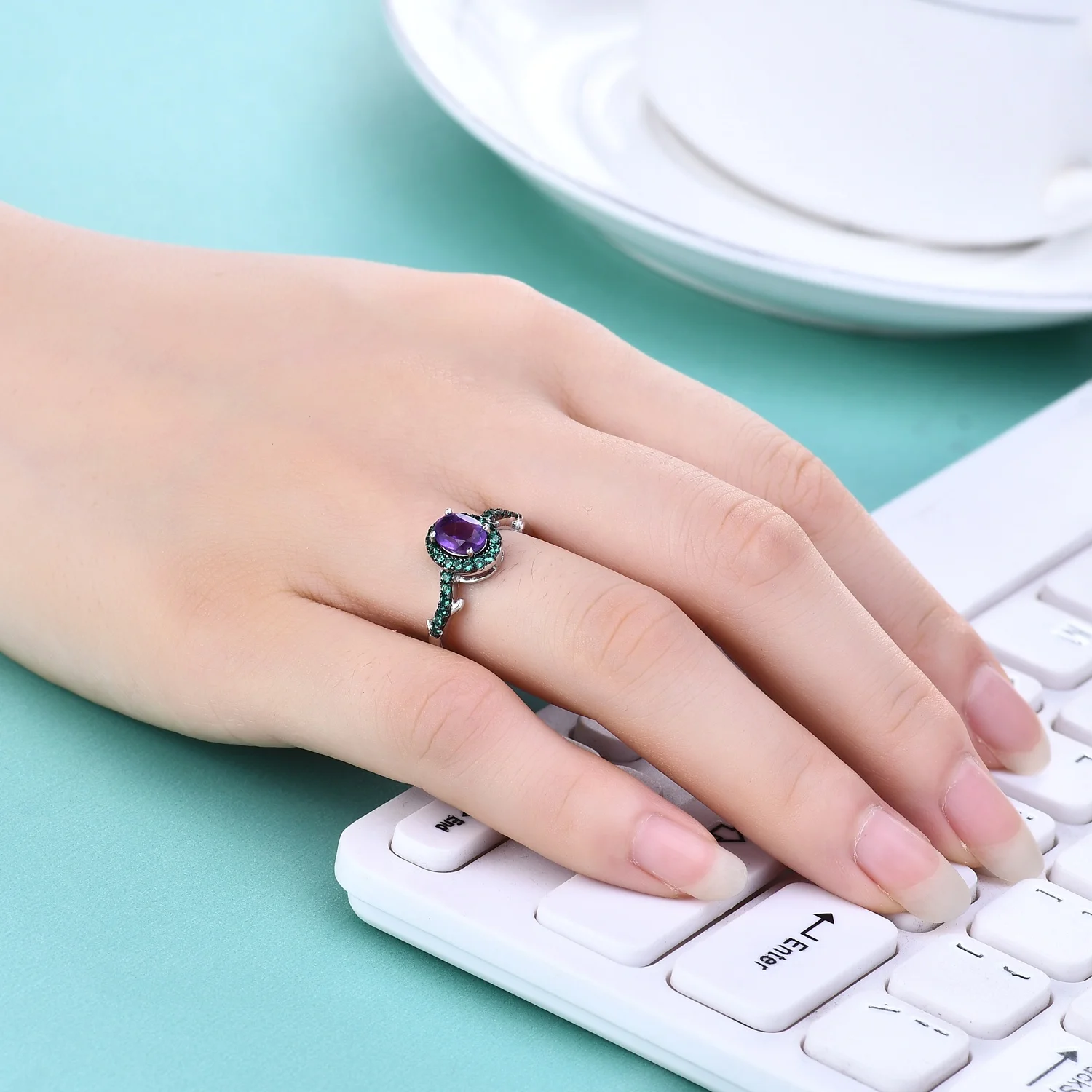 3 Years Plating Lasting Pure Silver Jewellery Natural Amethyst Gemstone Gold Plated Adjustable Silver Ring