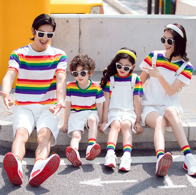 Family School parent-child T shirt and shorts  2 piece Suits Rainbow striped cotton parent-child outfit