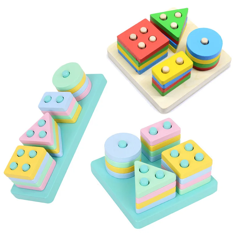 Colorful Wooden Puzzles Board Geometric Shape Stacker Education Toys Kids DIY Wooden Blocks Column Toy Gift