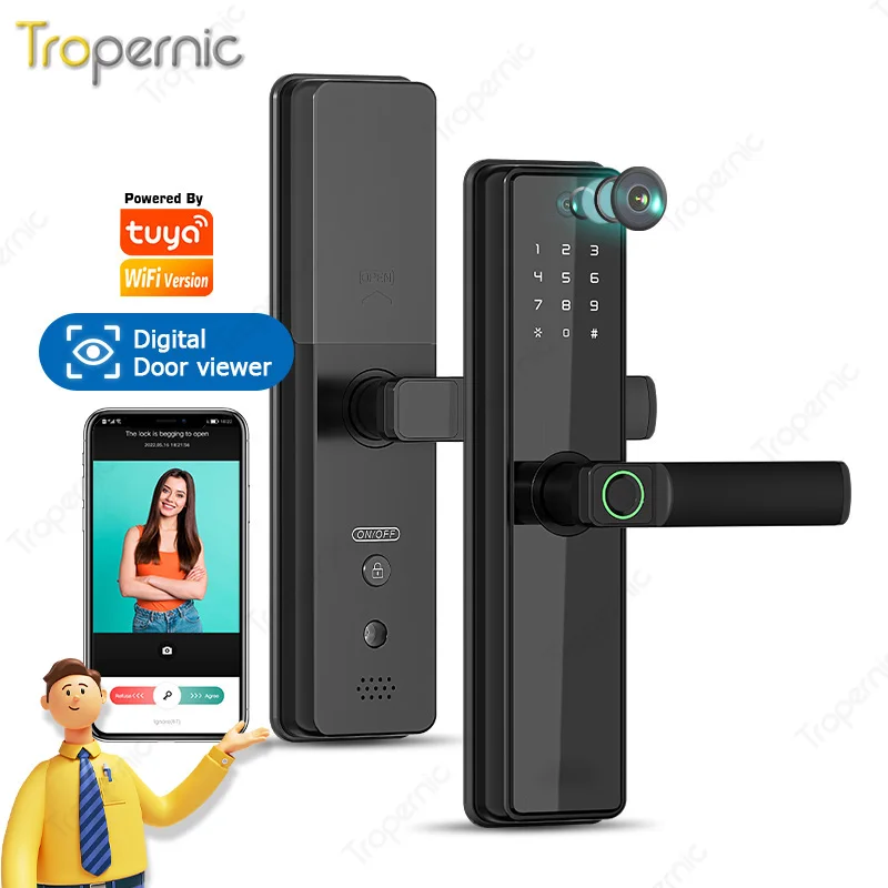 Tropernic Tuya App Peephole Door Lock Fingerprint Smart Camera Door Lock with Camera Smart Lock