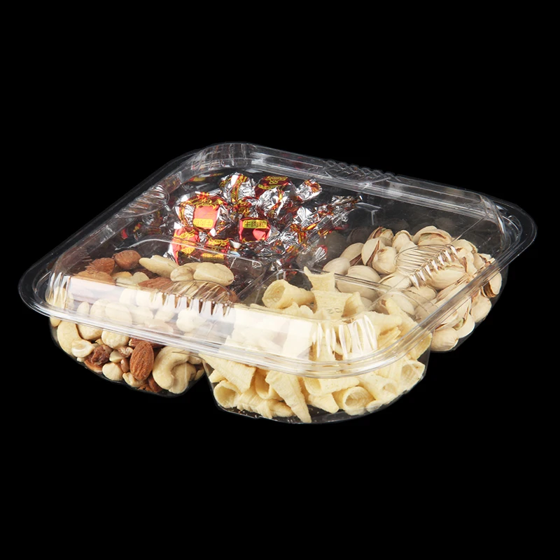 Disposable Clear Plastic PET Food Tray with 4 Compartments and Embossed Square Blister Lid for Cake Storage Fruit Box Packaging