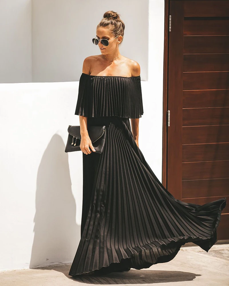 Off shoulder beach dresses Women party dress maxi ruffle solid pink autumn dresses