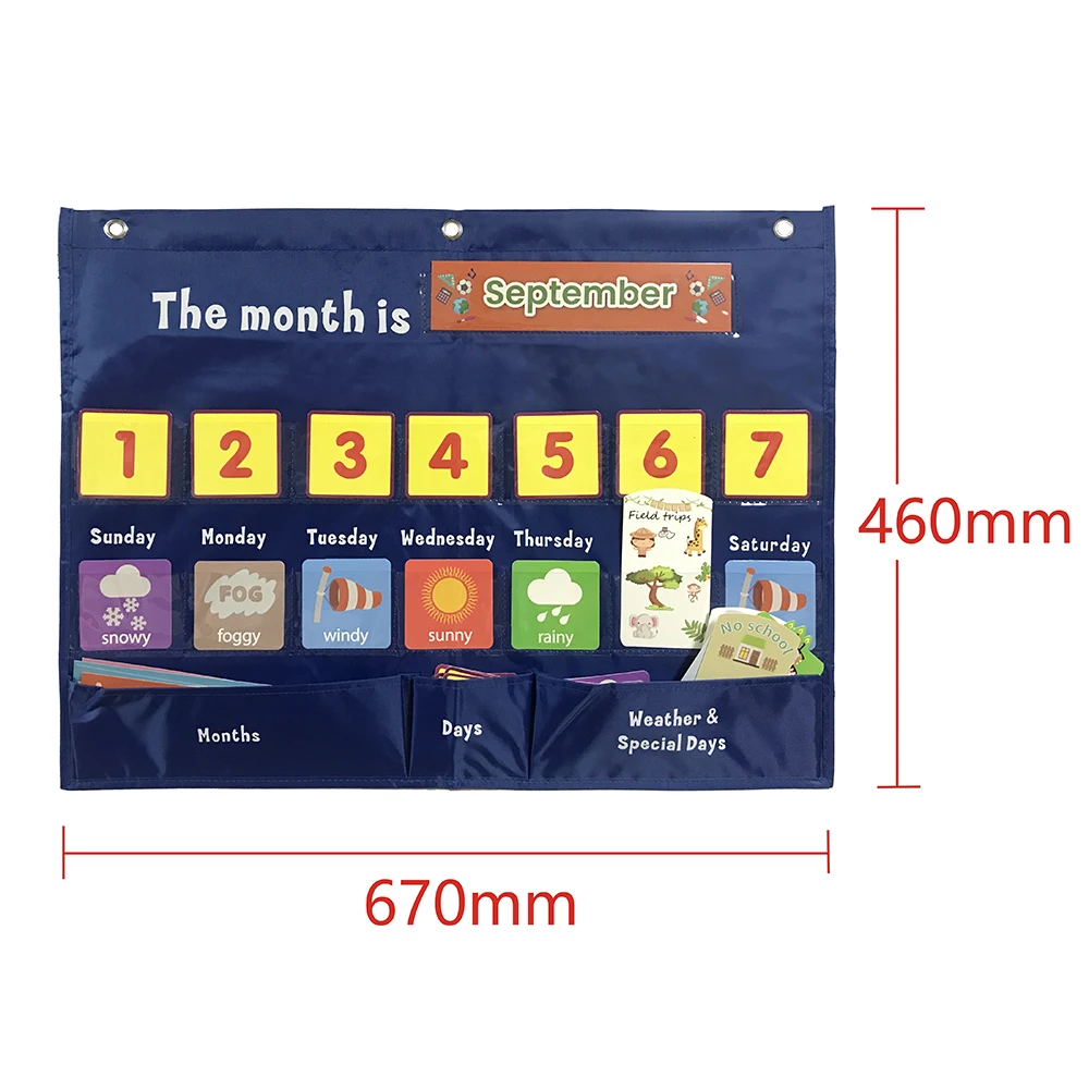 Calendar and Weather Educational Pocket Chart Classroom Organized Chart With Cards And Three Hook For Kids Learning