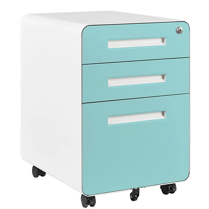 Colourful office narrow edge storage file cabiner Metal  3 drawer round edge mobile pedestal cabinet