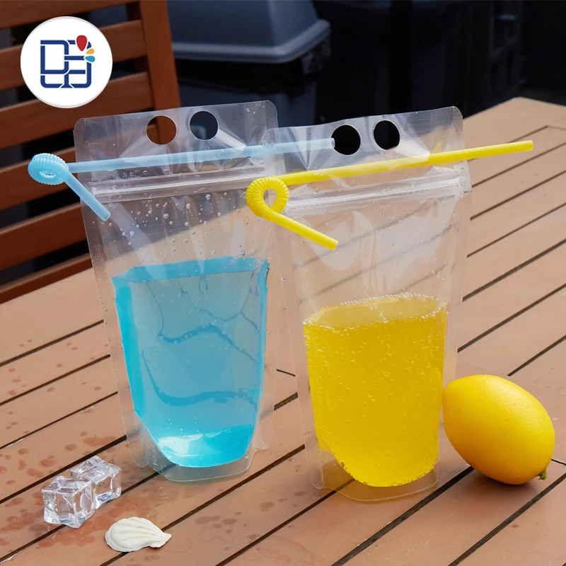 
Print Logo Self Standing Disposable Beverage Drink Juice Pouches Bags Plastic Food Packaging With Straws 