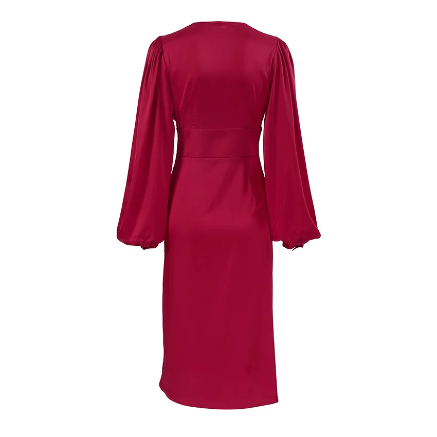 Custom Sexy Ladies Satin Dresses 2023 Lantern Long Sleeve V Neck Evening Midi Dress Party Elegant Women Red Dress