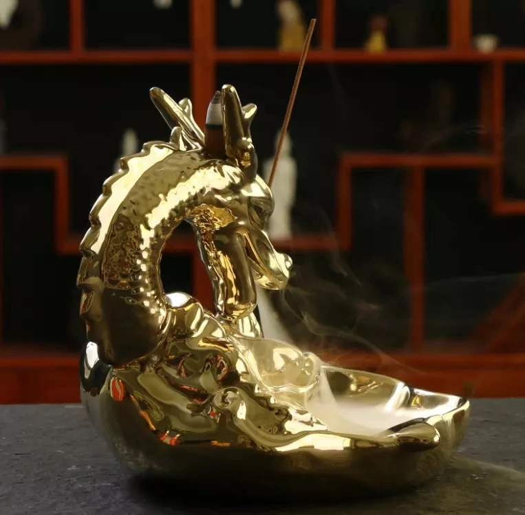 2021 custom chinese gold dragon incense holder porcelain smoke backflow incense stick burner