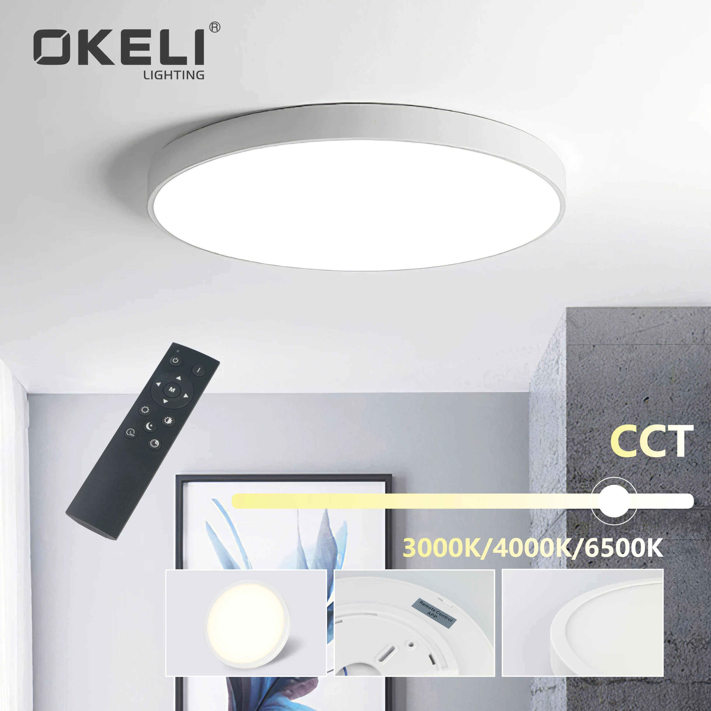 OKELI 24w 28w 38w 48w Modern Design Ultra Thin Round Remote Dimmable Led Ceiling Light
