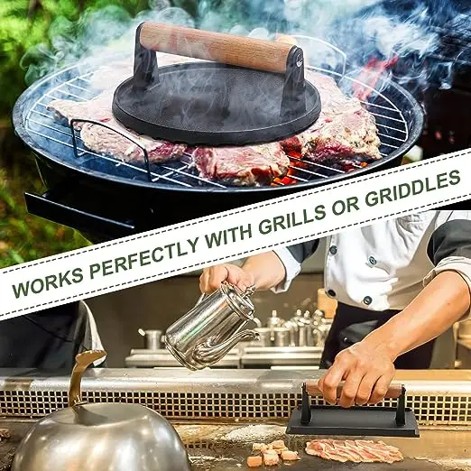 Heavy Duty Cast Iron Urger Press Crushed Bacon Pressed Meat Steak Press Burger with Wooden Handle