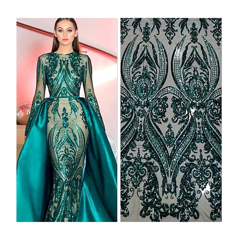 Newest African 100% Polyester Sequin Embroidery Lace Fabric Glitter Green Nigeria Embrideried Mesh Fabric For Wedding Dress