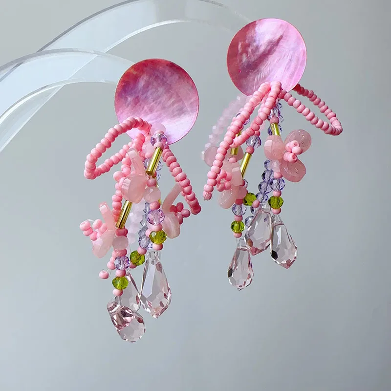 YANYE 3 Colors Original Oil Painting Back Garden Series Shell Tassel Earrings Pure Handmade Crystal Beaded Flower Earrings