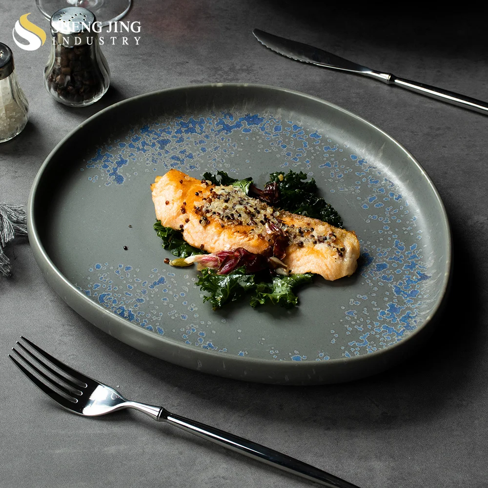 Shengjing Vintage Kiln Grey Speckled Ceramic Plate Set Dinnerware Restaurant Hotel Custom Irregular Crockery Porcelain Tableware
