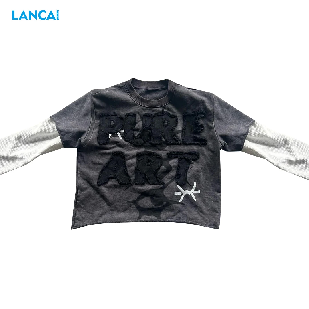 Patch Embroidery T-Shirt Vintage Cotton Ripped Distressed Stone Acid Wash Double Layer Long Sleeveless T Shirt For Men