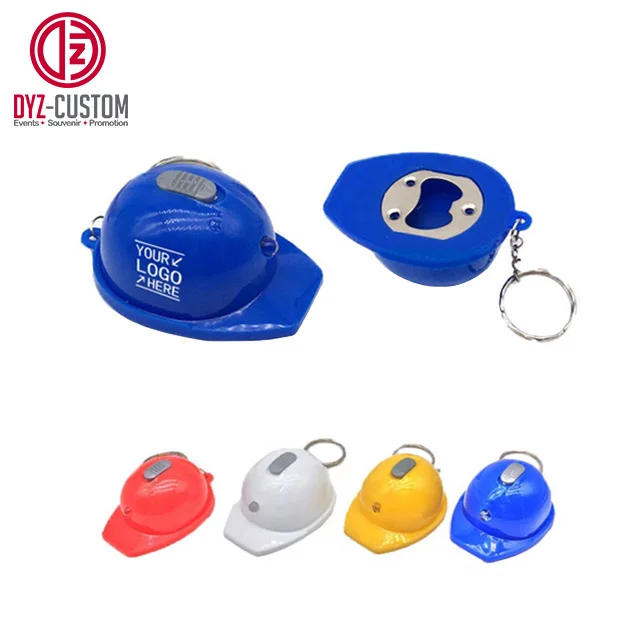 Hard Hat Shaped LED Keychain Bottle Opener Safety Helmet Keyring Made of Plastic with Silk Screen Printing