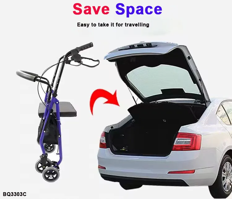 Height Adjustable Handicapped Four Wheels Aluminum Folding Rollator Walker With Seat