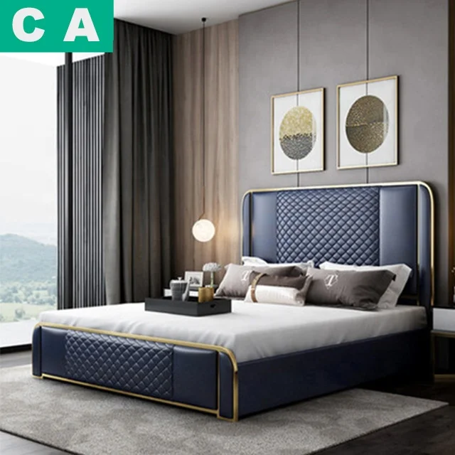 Cheap Nordic minimalist leather bed home furniture high headboard bed 5 star hotel bed linen solid wood frame