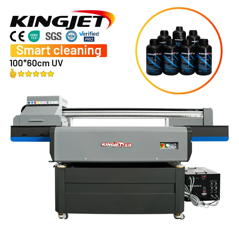 Kingjet flatbed uv printer direct 1060 uv printing machine light uv sticker glass printing machine for bottle printing