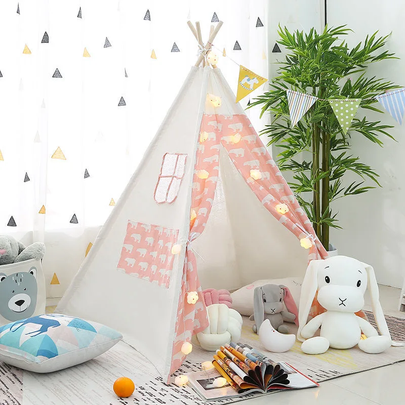 
Pink Polar bear Cartoon Pattern Self built Child tent Four corners fixed Solid wood Toy Tent 