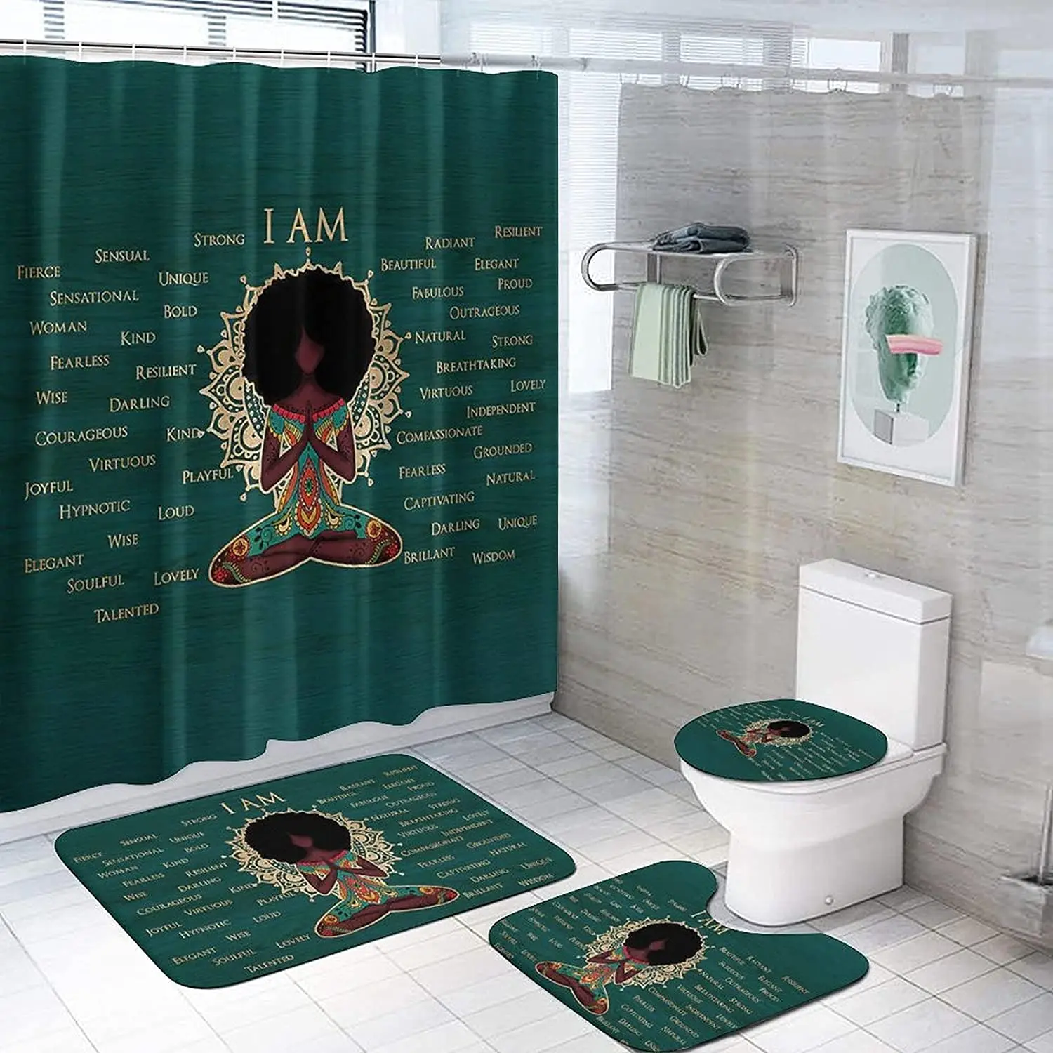 
Black Girl with Yoga I Am Vintage Shower Curtains Set with Bath Rugs and Mats, Toilet Lid Cover and 12 Hooks 