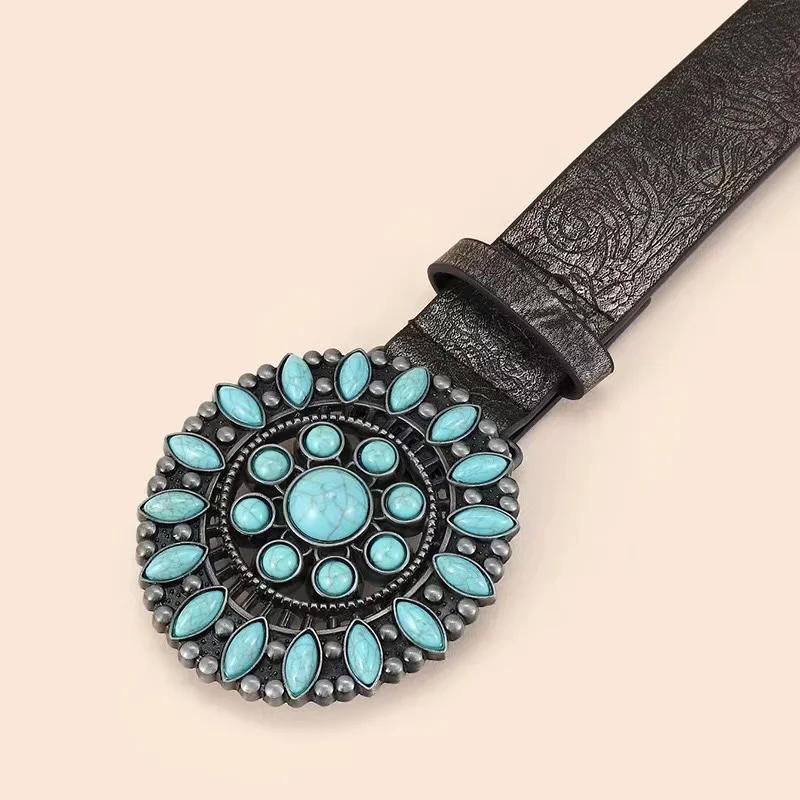 Round turquoise inlay pu belt vintage ethnic belt women belt for dress
