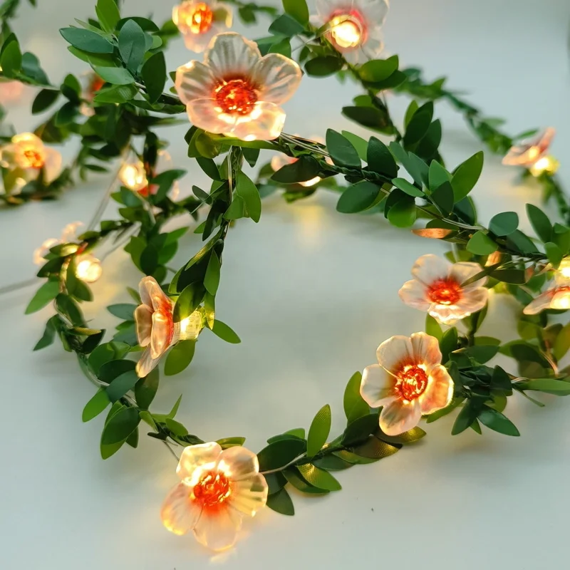 Christmas Battery Operated Living Room Wedding Decoration Light Plastic Romantic Flowers 20 Led Leaf Copper Wire String Lights