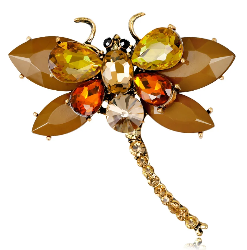 
Amazon Hot selling fashion tempered alloy rhinestone glass crystal awesome colored gemstone insect dragonfly brooch for women 