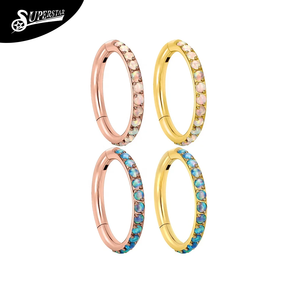 Superstar Custom Fashion G23 Titanium Side Inlay 15 White Opal Hinged Segment Clicker Septum Nose Ring Body Piercing Jewelry