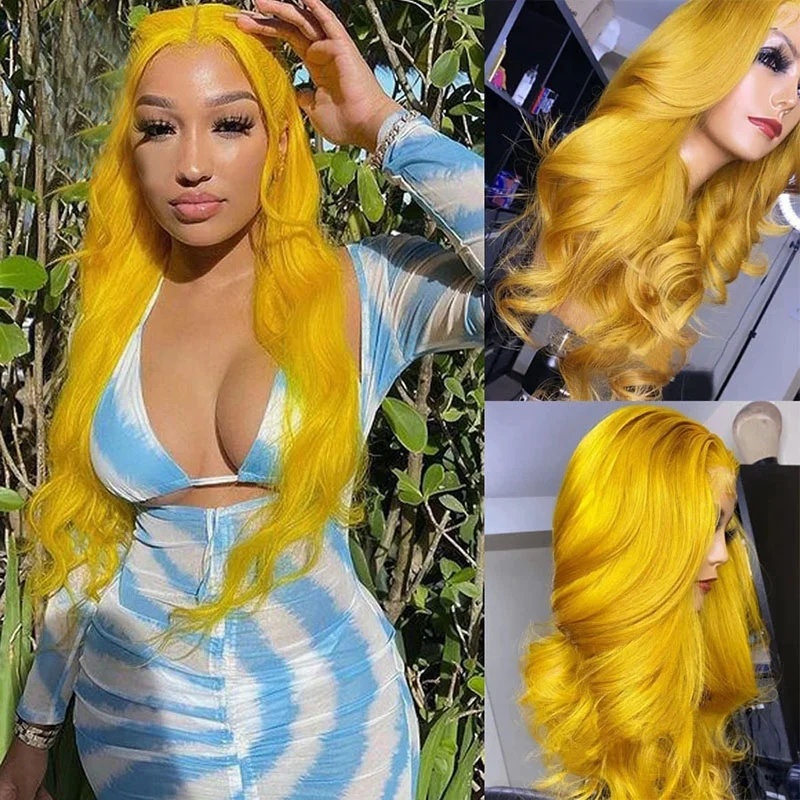 Yellow Colored Wigs 13x4 Lace Front Closure Wigs Human Hair Pre Plucked Brazilian Raw Virgin Hair Glueless Lace Body Wave Wigs
