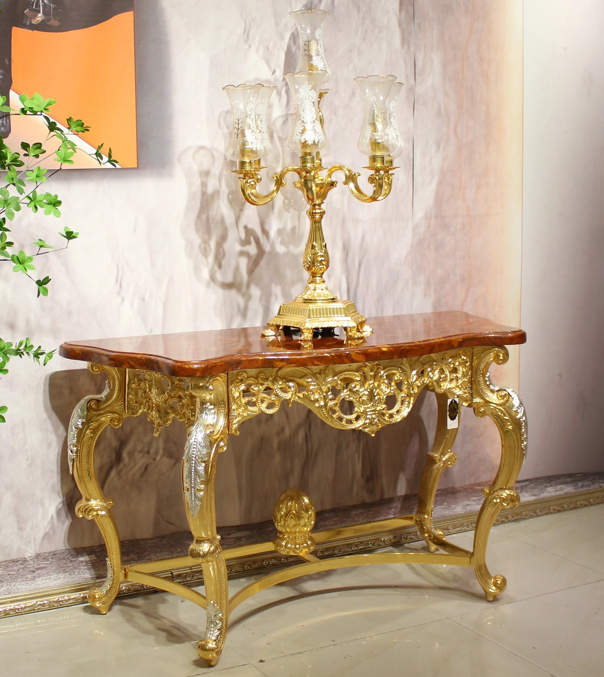 Retro Luxury Porch Italian  Classic Console Golden Copper Corridor Console Table