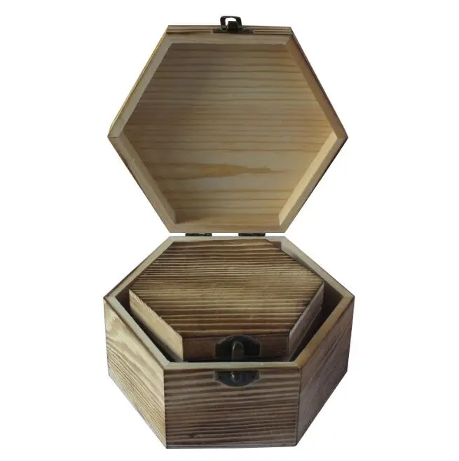Solid wood retro hexagonal wooden box Pine Gift packing Jewelry box