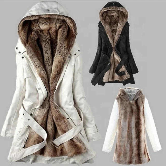 Fashion Womens Winter Warm Long windbreaker Cotton-padded Faux Fur Lining Parka Jacket