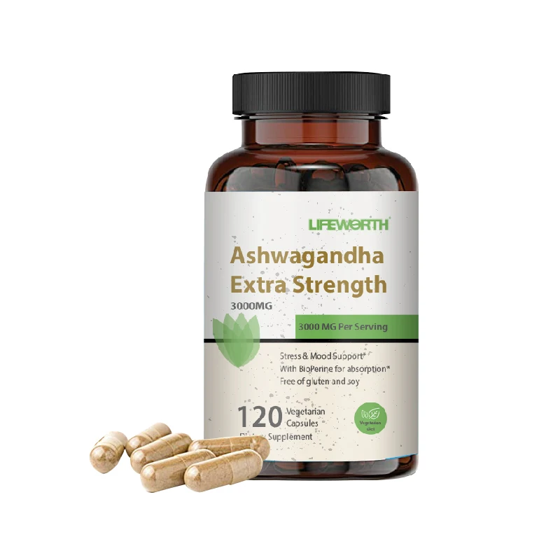 Капсулы повышенной прочности LIFEWORTH Ashwagandha для поддержки стресса и настроения с биоперином улучшают усвоение питательных веществ
