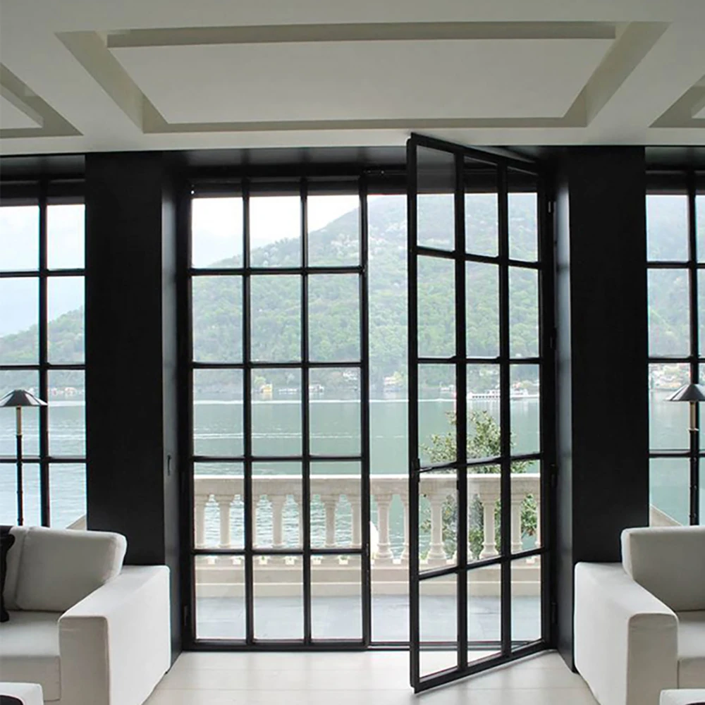 commercial black slim double swing glass  double tempered glass swing aluminum casement door with drill design