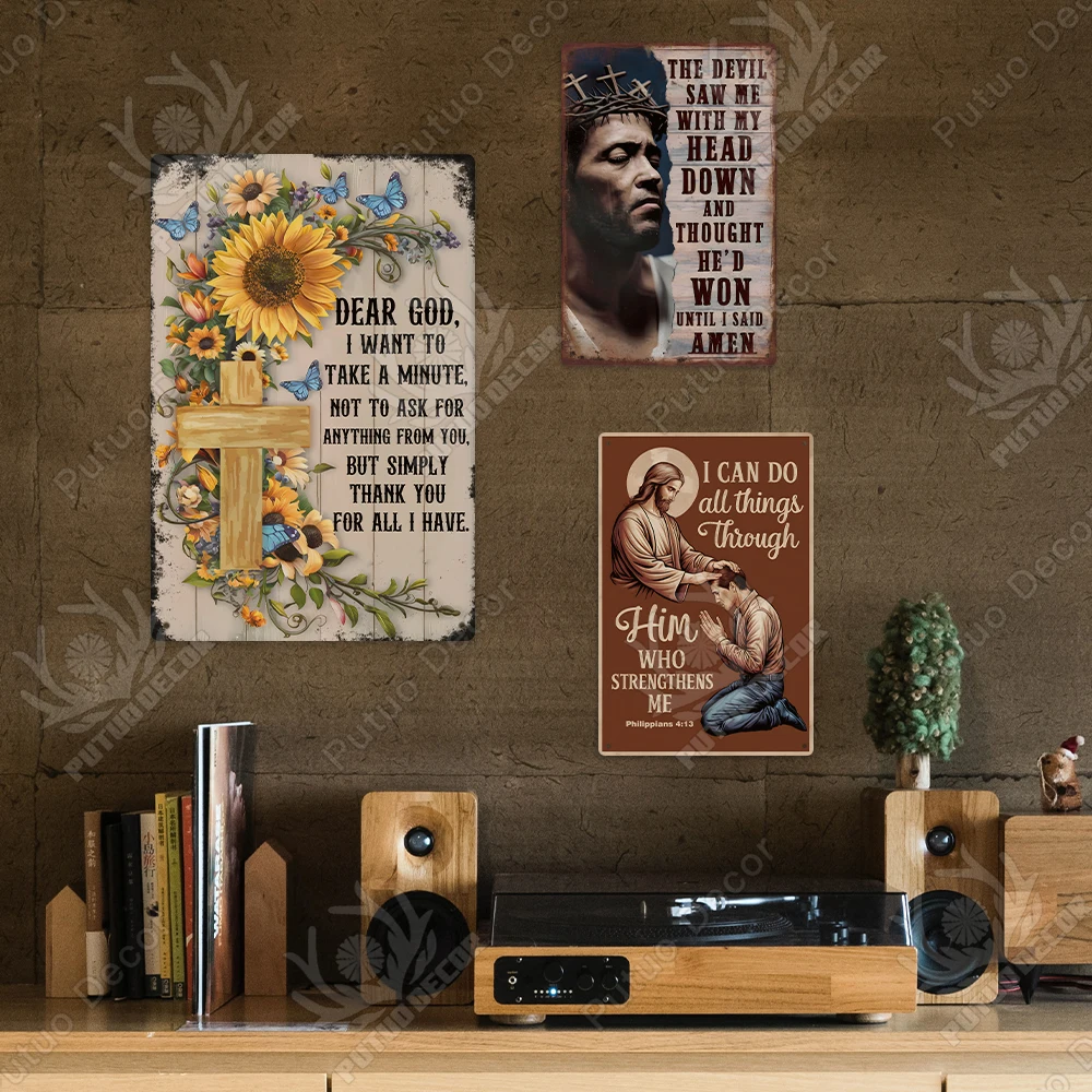 Putuo Decor Religious Jesus Tin Wall Sign God Bless Inspirational Bible Verse Christian Faith Metal Sign