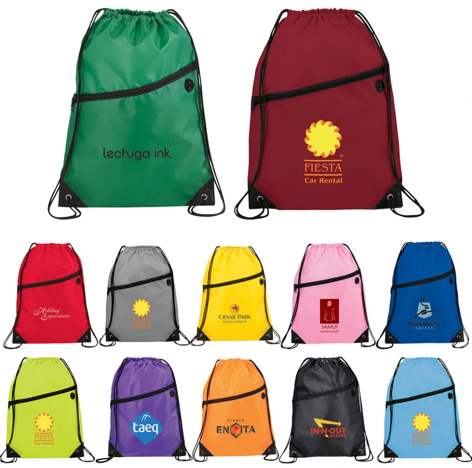 Wholesale Promotion Polyester Zipper Drawstring Bag with Earphone Front Pocket For Gym Sports