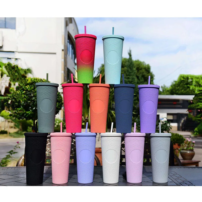 710ml Reusable Coffee Cup Cold Water Mug Tumbler Cup Double Layer Plastic Acrylic Durian Diamond Radiant Goddess Cups With Straw