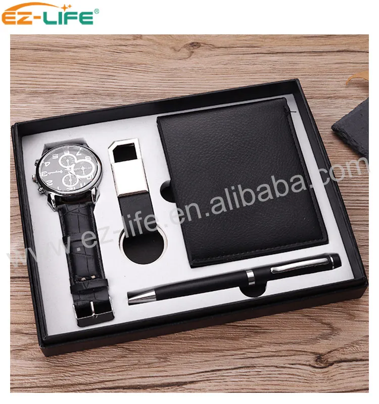 2021 New Design Premium Business Gift Set Pen  Promotion father gifts with Black Watch Keychain Wallet and Pen for father man