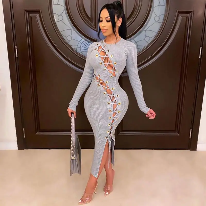
Wholesale new arrivals women winter clothes stylish sexy open fork hollow out long sleeve crew neck bind dress 