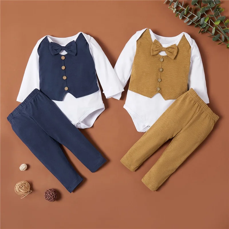 Long Sleeve Baby Rompers Cotton Bow Tie Tuxedos Gentleman Bib Clothing Toddler Baby Boy Clothes Set