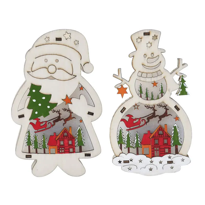 Hot Selling 2022 Santa and Snowman shape with nightlight wooden Christmas Decoration custom  Nordic wood Christmas Ornaments