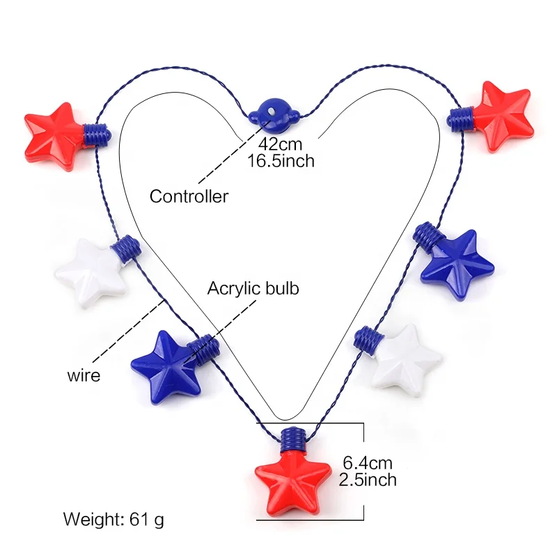 USA Fourth Of July LED Red,White&Blue Star Flashing Lights Patriotic Light-Up Necklace For Party