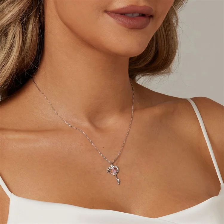 Youchuang hot sale key dainty pink zircon girls necklace Gift heart pendant 925 silver engraving valentine butterfly necklaces